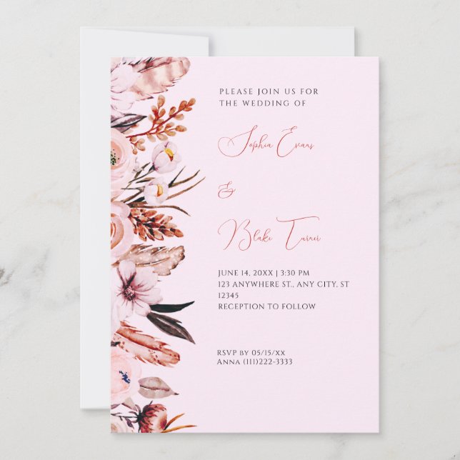 Boho Pink & Brown Flowers & Feathers Pink Wedding Invitation (Front)