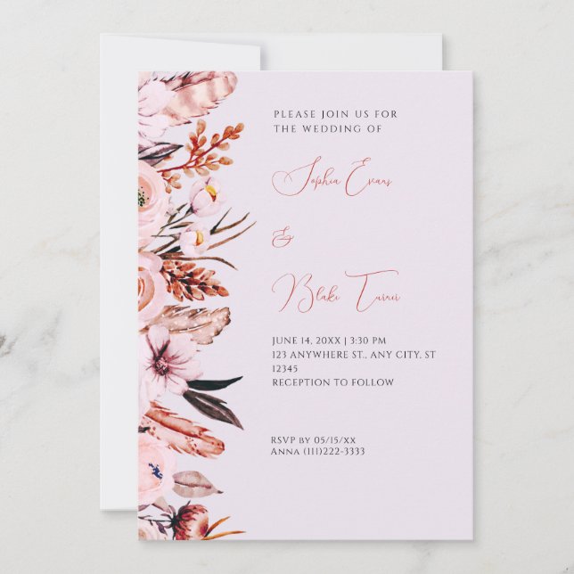 Boho Pink & Brown Flowers/Feathers Purple Wedding Invitation (Front)