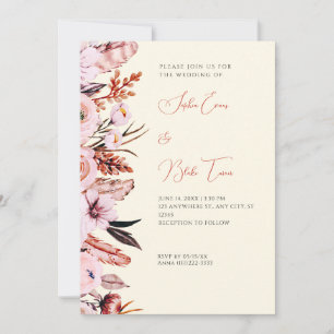 Boho Pink & Brown Flowers/Feathers Yellow Wedding Invitation