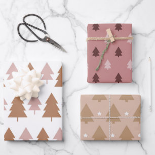Boho Pink Brown White Christmas Trees Holiday   Wrapping Paper Sheet