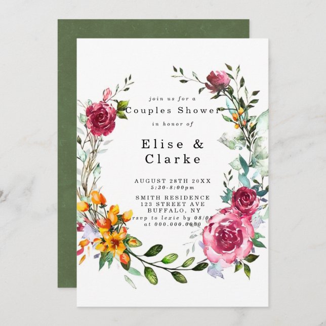 Boho Pink Burgundy Floral Couples Shower Invites (Front/Back)
