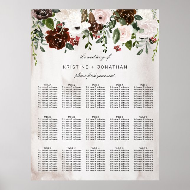 Boho Pink Burgundy Rose Watercolor Floral Wedding  Poster (Front)