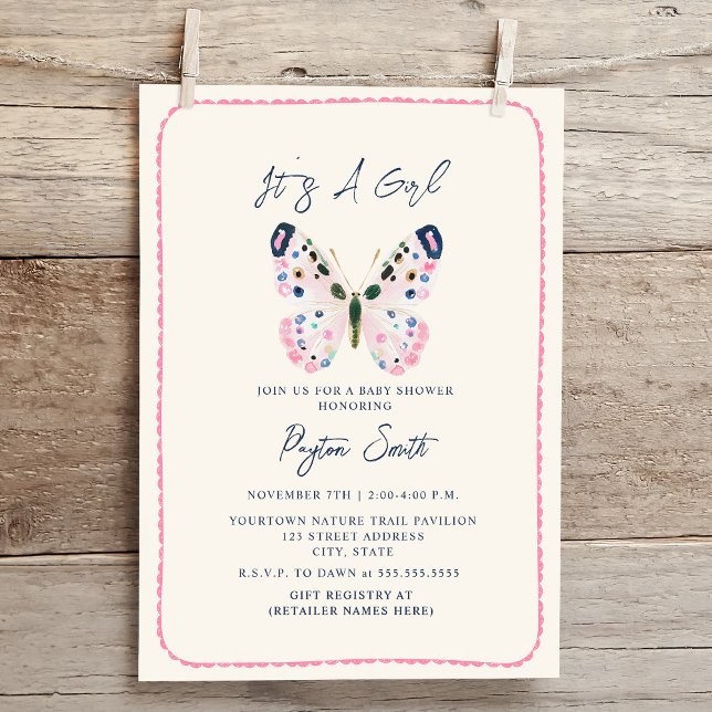 Boho Pink Butterfly Doodle Border Girl Baby Shower Invitation (Creator Uploaded)