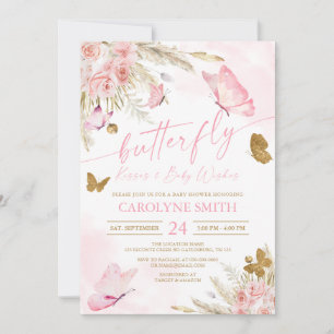 Boho Pink Butterfly Kisses Baby Shower Invitation