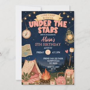 Boho Pink Camp Under The Stars Birthday Invitation