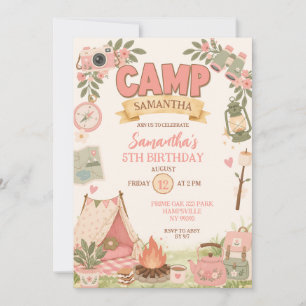 Boho Pink Camping Theme Girl Birthday Invitation