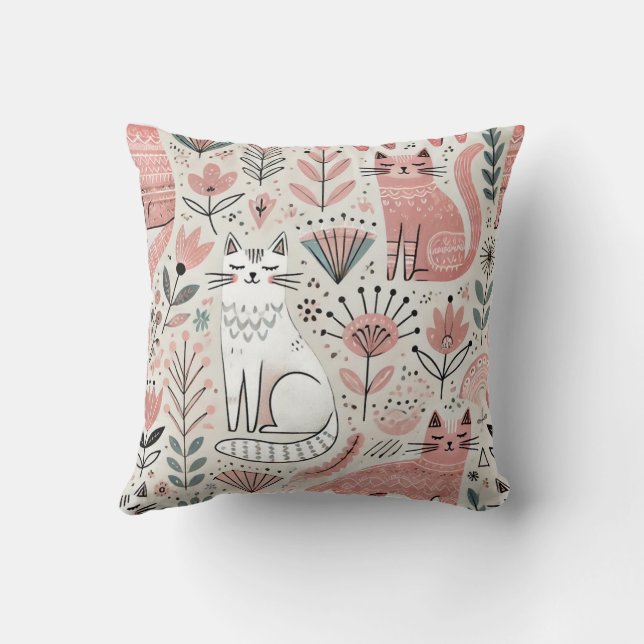 Boho Pink Cat Pattern Decorative Pillow (Back)