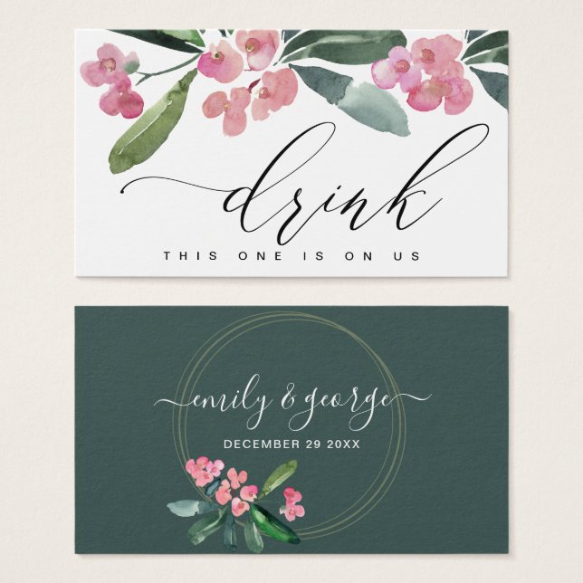 BOHO PINK CHRIST THORN BLOOM WEDDING DRINK TICKET (Front & Back)