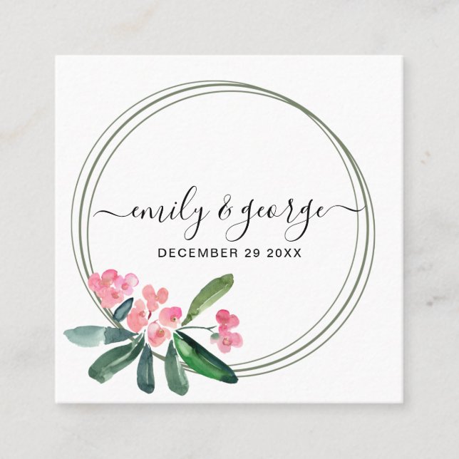BOHO PINK CHRIST THORN BLOOM WEDDING WEBSITE RSVP SQUARE BUSINESS CARD (Front)