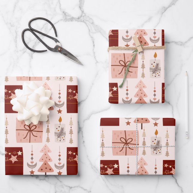 Boho Pink Christmas Wrapping Paper Sheet (Front)