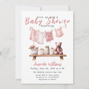 Boho Pink Clothesline Sweet Baby Girl Baby Shower Invitation