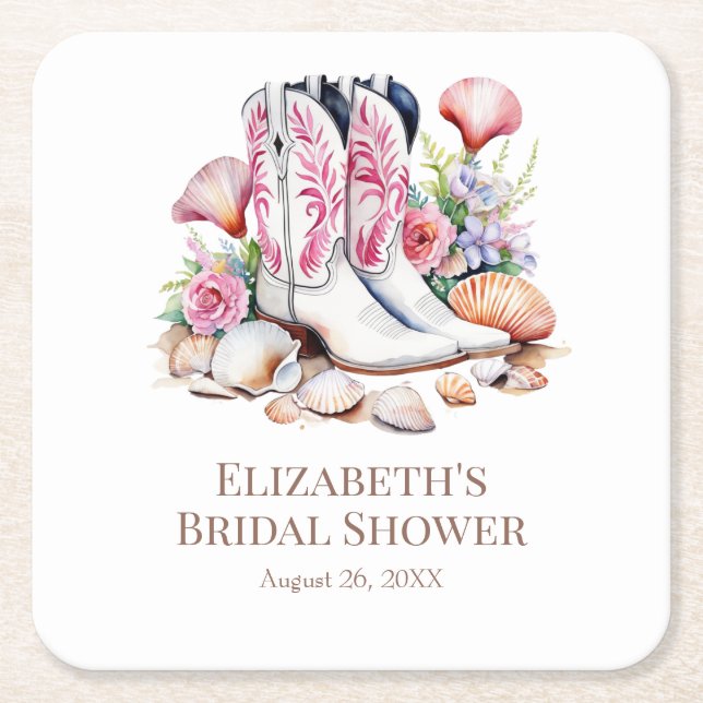 Boho Pink Coastal Cowgirl Boots Bridal Shower Square Paper Coaster (Front)