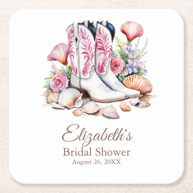 Boho Pink Coastal Cowgirl Boots Bridal Shower Square Paper Coaster (Front)