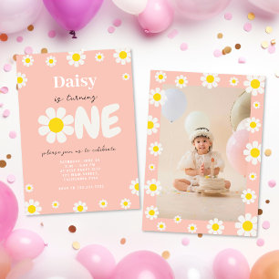 Boho Pink Cute Daisy Flowers 1st Birthday Photo Invitation