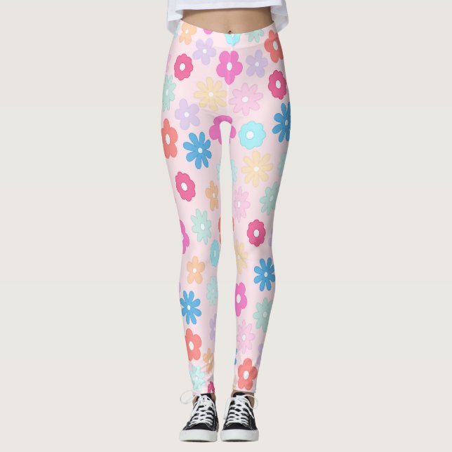 Boho Pink Daisy Flowers Pattern Leggings (Front)