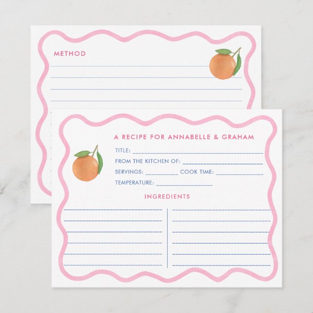 Boho Pink Doodle Citrus Bridal Shower Recipe Card (Front/Back)