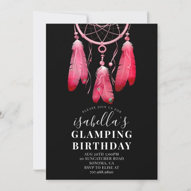 Boho Pink Dream Catcher Glamping Birthday Black Invitation (Front)