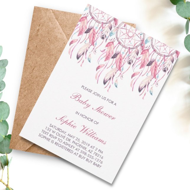 Boho Pink Dreamcatcher Baby Shower Invitation (Creator Uploaded)