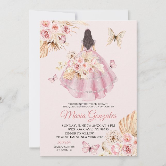 Boho Pink Dress Butterfly Floral Princess 15 Años Invitation (Front)