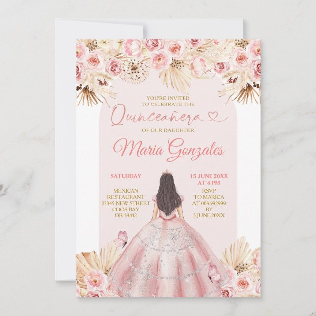 Boho Pink Dress Floral Princess Quinceañera Invitation (Front)