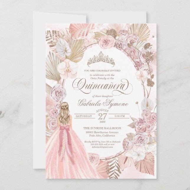 Boho Pink Dried Floral Roses Quinceanera Birthday  Invitation (Front)