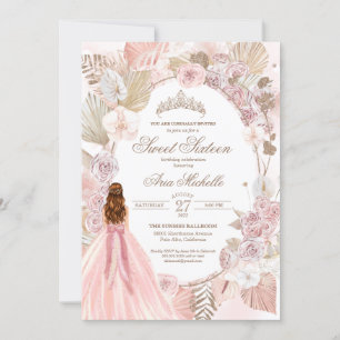 Boho Pink Dried Floral Roses Sweet 16 Birthday Inv Invitation