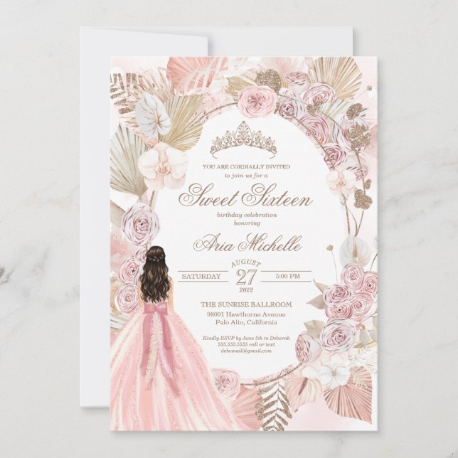 Boho Pink Dried Floral Roses Sweet 16 Birthday Invitation (Front)