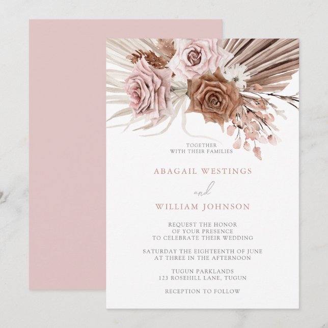 Boho Pink Dusty Rose Blush Bohemian Floral Wedding Invitation (Front/Back)