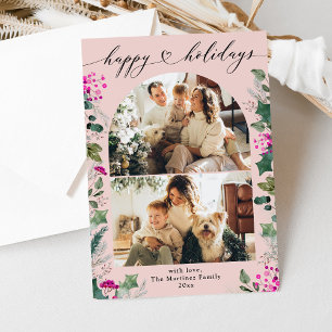 Boho Pink Elegant 2 Family Photo Holiday Card