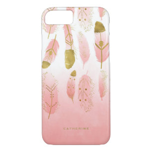 Boho Pink Feathers Faux Gold Foil Personalised iPhone 8/7 Case