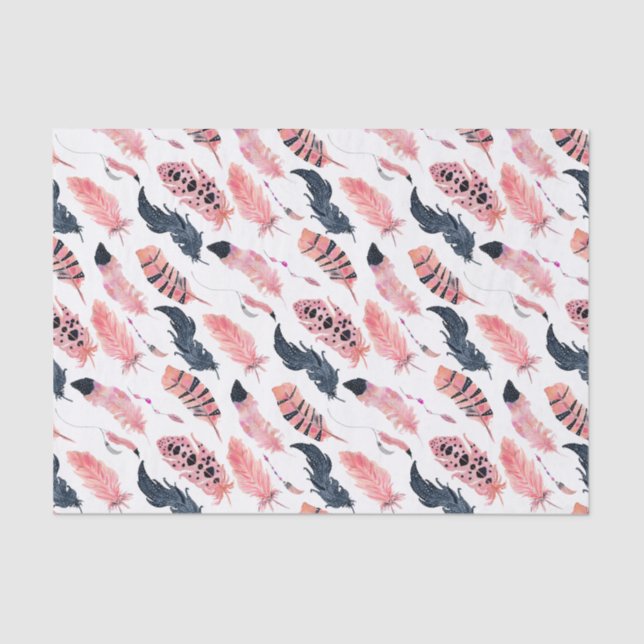 Boho Pink Feathers Tissue Paper (Front)