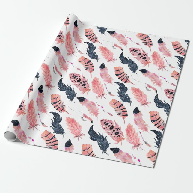 Boho Pink Feathers Wrapping Paper (Unrolled)