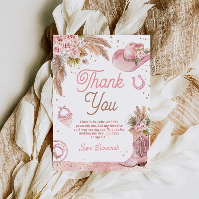 Boho Pink First Rodeo 1st Birthday Thank You Card (Boho Pink First Rodeo 1st Birthday Thank You Card)
