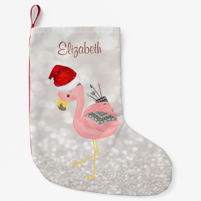 Boho Pink Flamingo With  Santa Hat ,Glittery Bokeh Small Christmas Stocking (Front)
