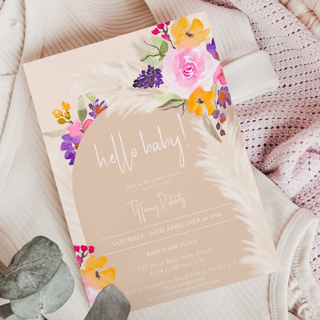 Boho pink floral arch beige hello baby shower invitation (Creator Uploaded)