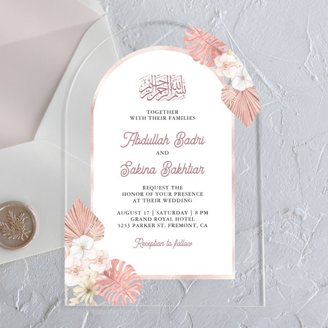 Boho Pink Floral Arch Muslim Wedding Acrylic Invitations (Creator Uploaded)