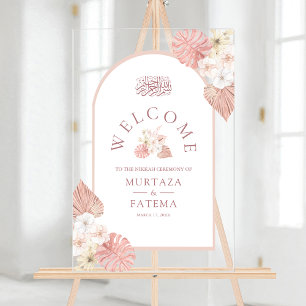 Boho Pink Floral Arch Muslim Wedding Welcome Acrylic Sign