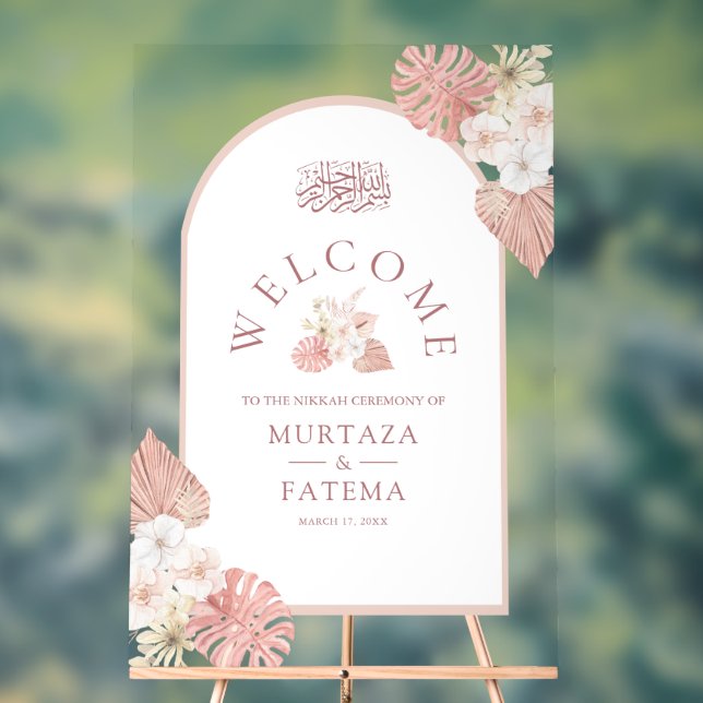Boho Pink Floral Arch Muslim Wedding Welcome Acrylic Sign (Neutral)