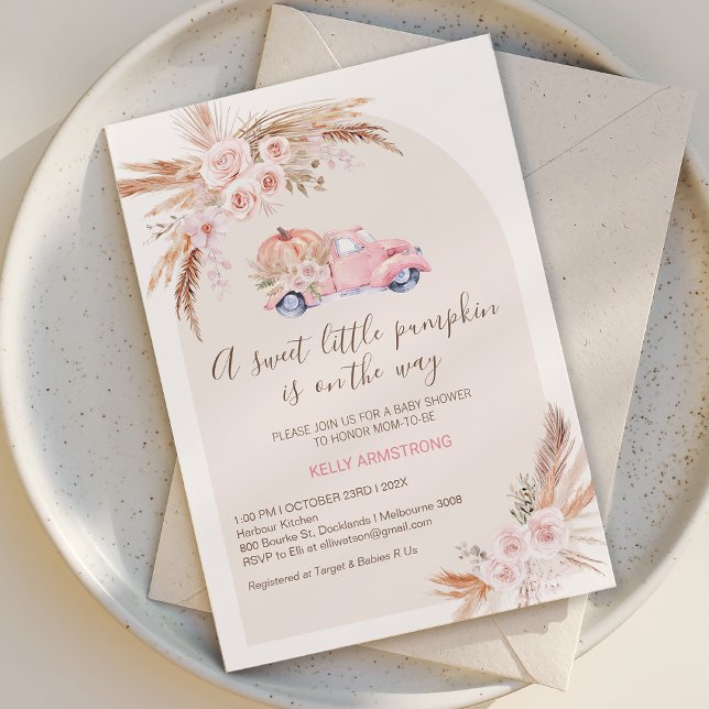 Boho Pink Floral Arch Pumpkin Truck Baby Shower  Invitation (Boho Floral Little Pumpkin Baby Shower Invitation Template, Fall Girls Pumpkin Truck Baby Shower )