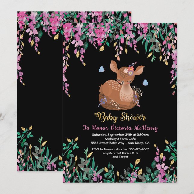 Boho Pink Floral Baby Deer Shower Invitation (Front/Back)