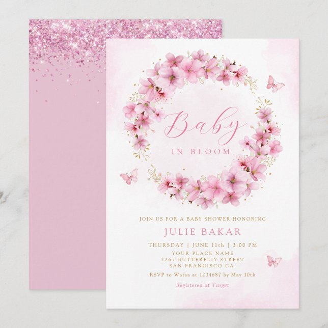 Boho Pink Floral Baby in Bloom Girl Baby Shower Invitation (Front/Back)