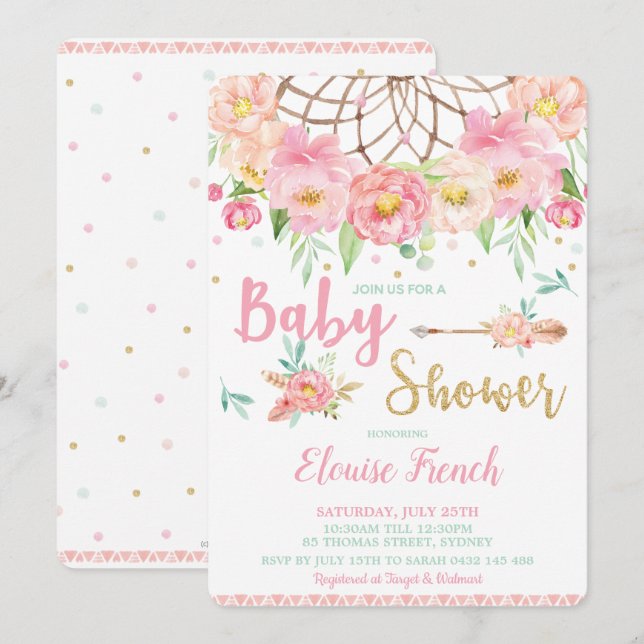 Boho Pink Floral Baby Shower Dream Catcher Girl Invitation (Front/Back)