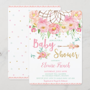 Boho Pink Floral Baby Shower Dream Catcher Girl Invitation