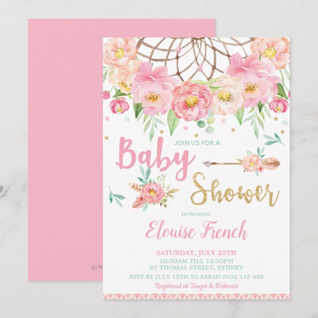Boho Pink Floral Baby Shower Dream Catcher Girl Invitation (Front/Back)