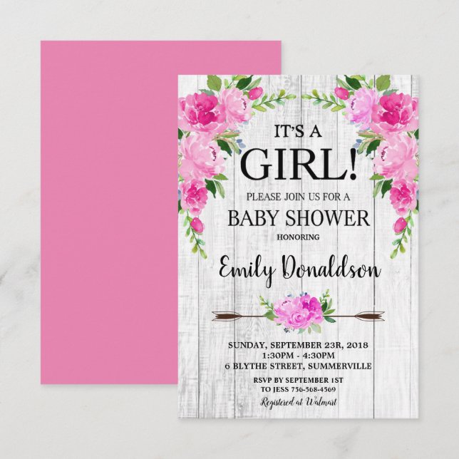 Boho Pink Floral Baby Shower Invitation Girl (Front/Back)