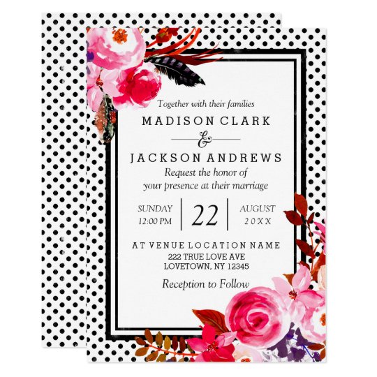 Boho Pink Floral & Black Dots Wedding Invitations