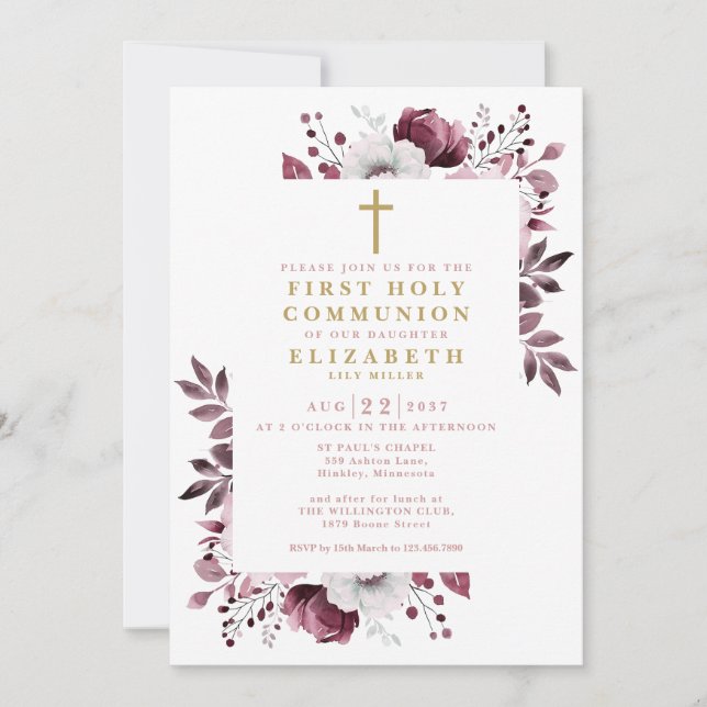 Boho Pink Floral Botanical First Holy Communion Invitation (Front)