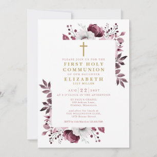 Boho Pink Floral Botanical First Holy Communion Invitation