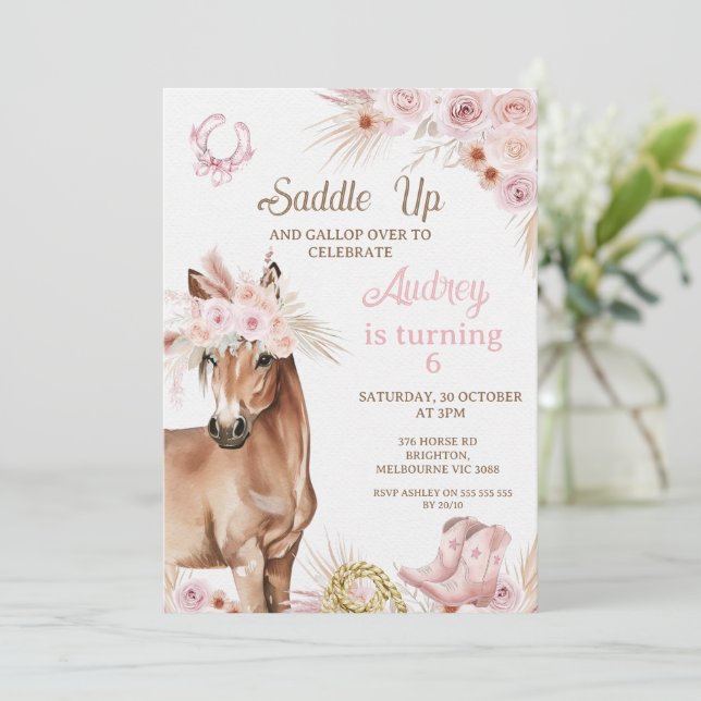 Boho Pink Floral Brown Horse Saddle Up Birthday Invitation (Standing Front)