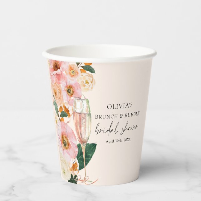 Boho Pink Floral Brunch & Bubbly Champagne Paper Cups (Front)